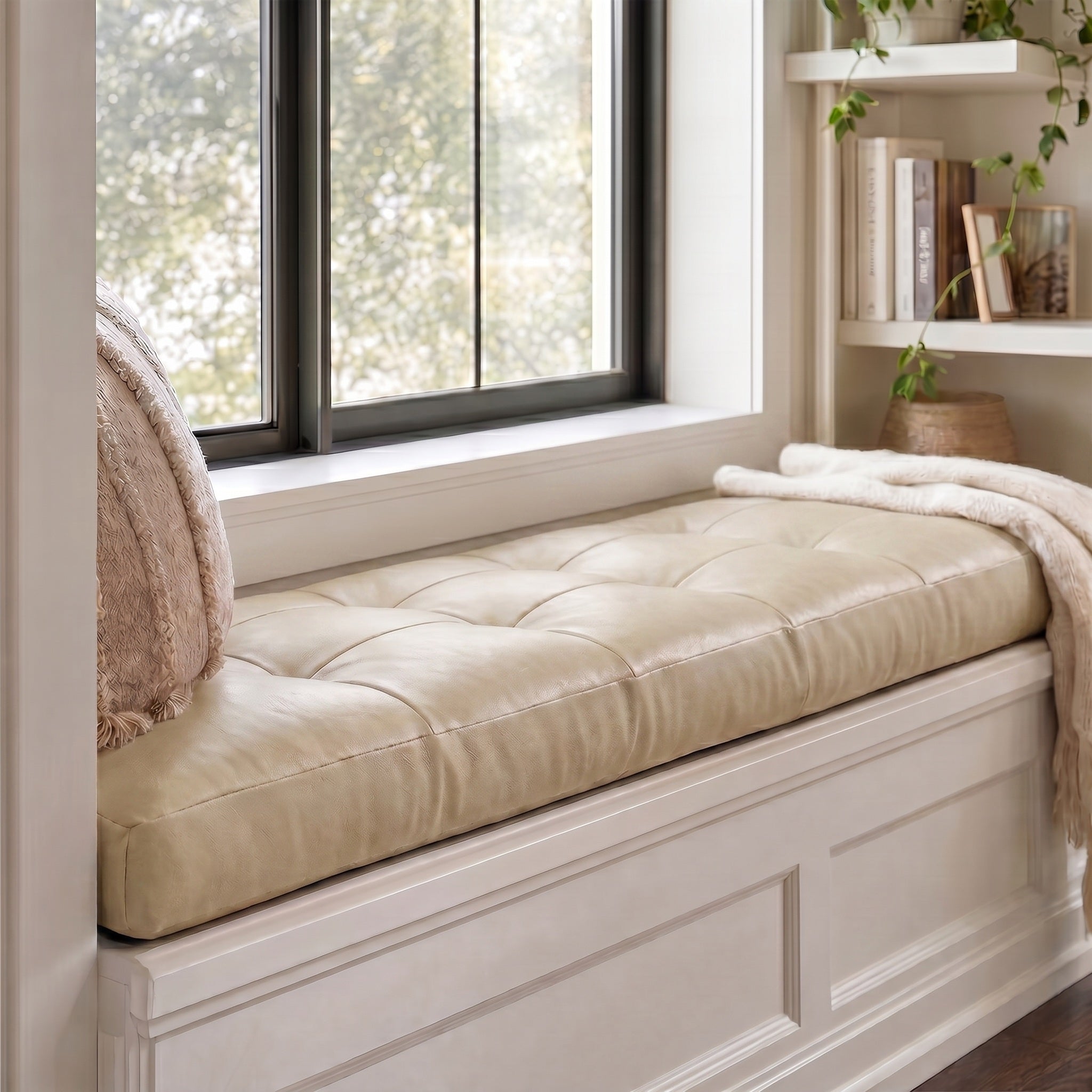Custom Beige Tufted Leather Bench Seat Cushion