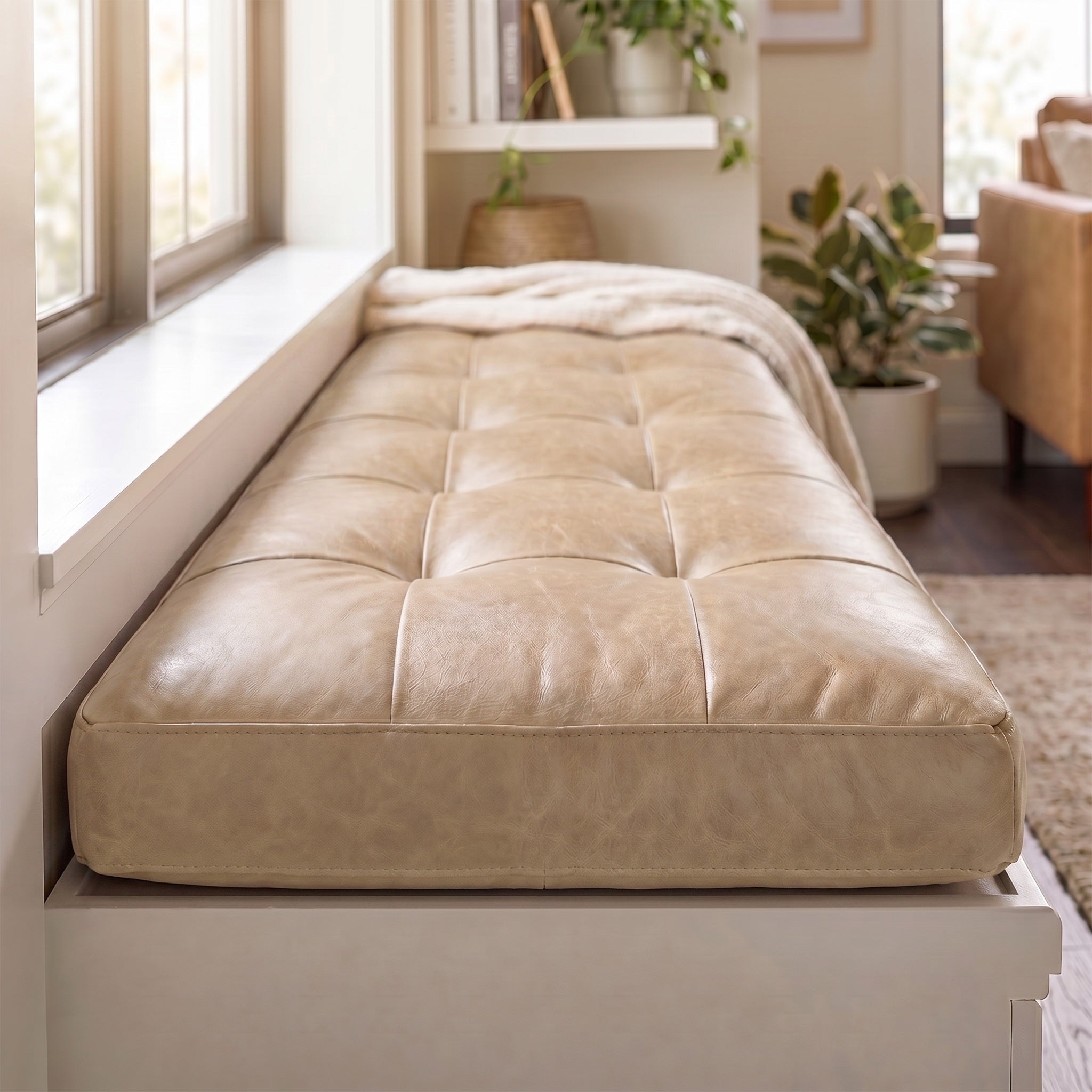 Custom Beige Tufted Leather Bench Seat Cushion