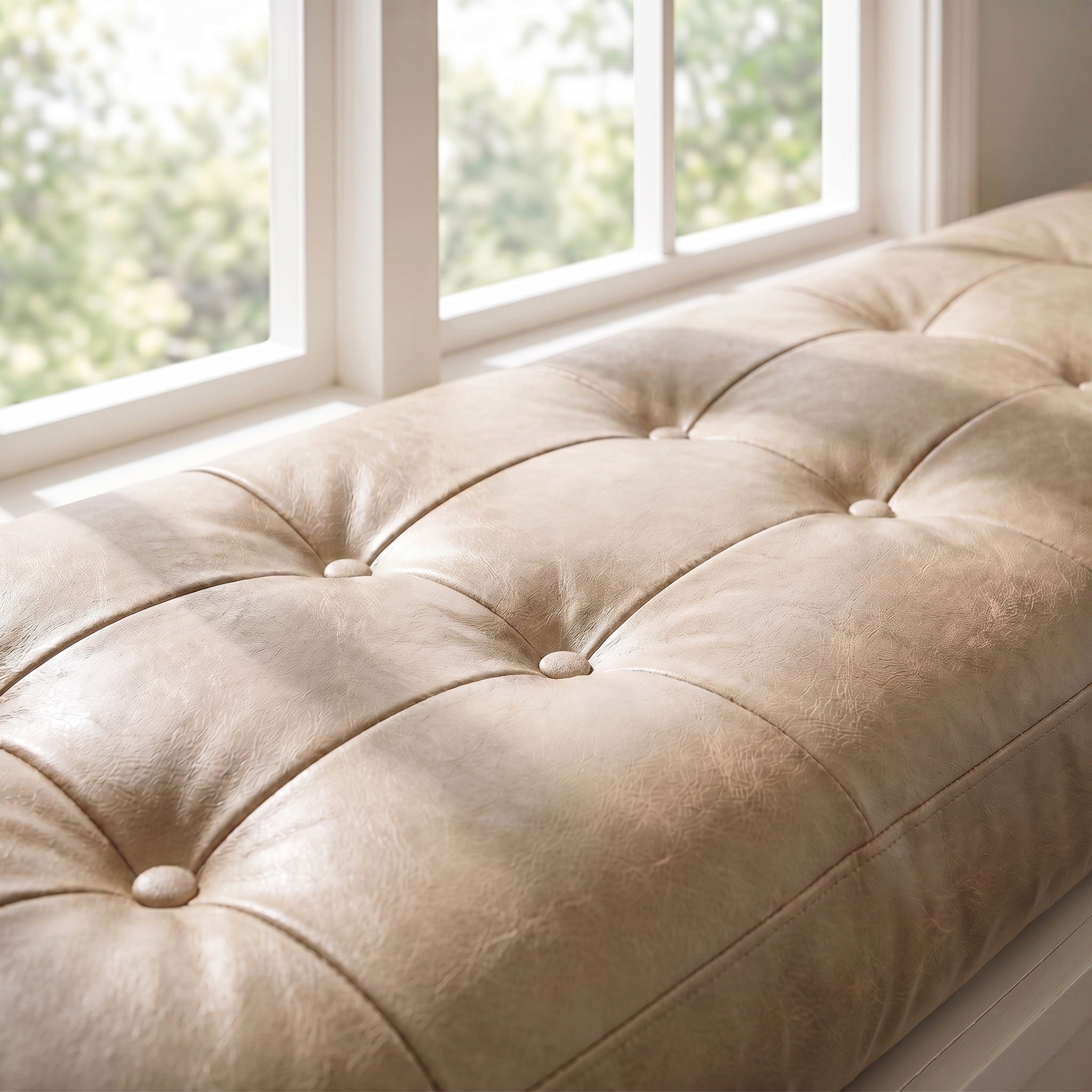 Custom Beige Tufted Leather Bench Seat Cushion
