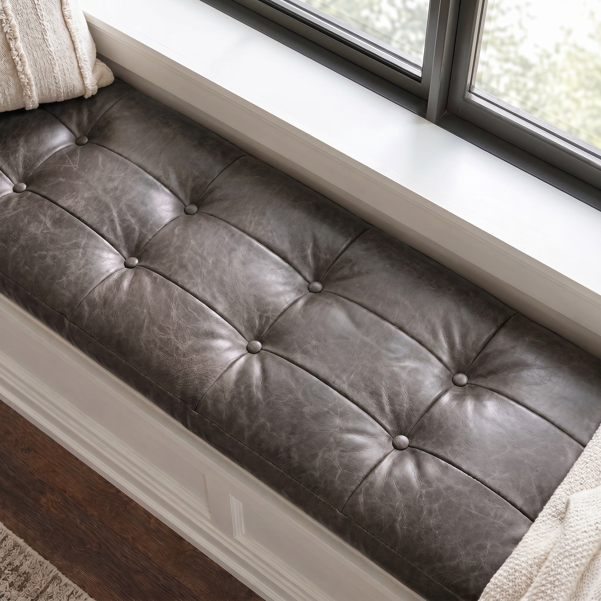 Custom Antracite Tufted Leather Bench Seat Cushion
