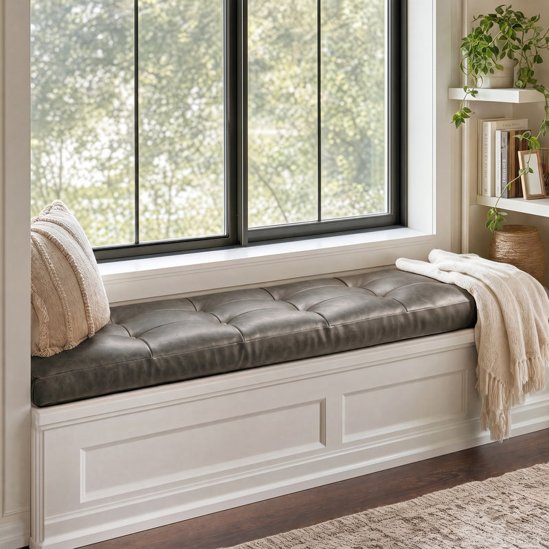 Custom Antracite Tufted Leather Bench Seat Cushion