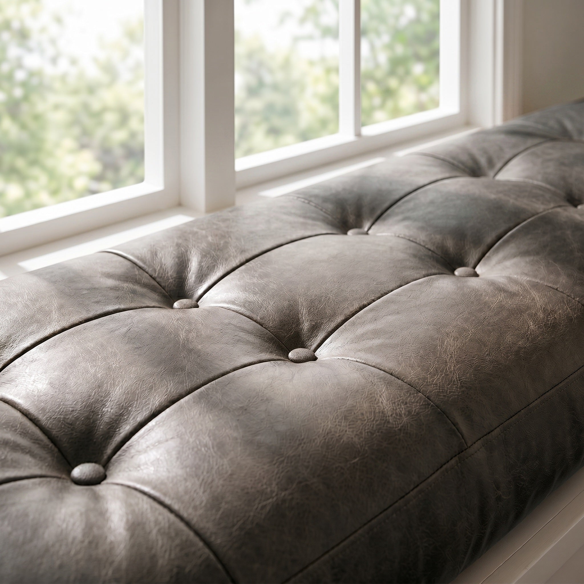 Custom Antracite Tufted Leather Bench Seat Cushion