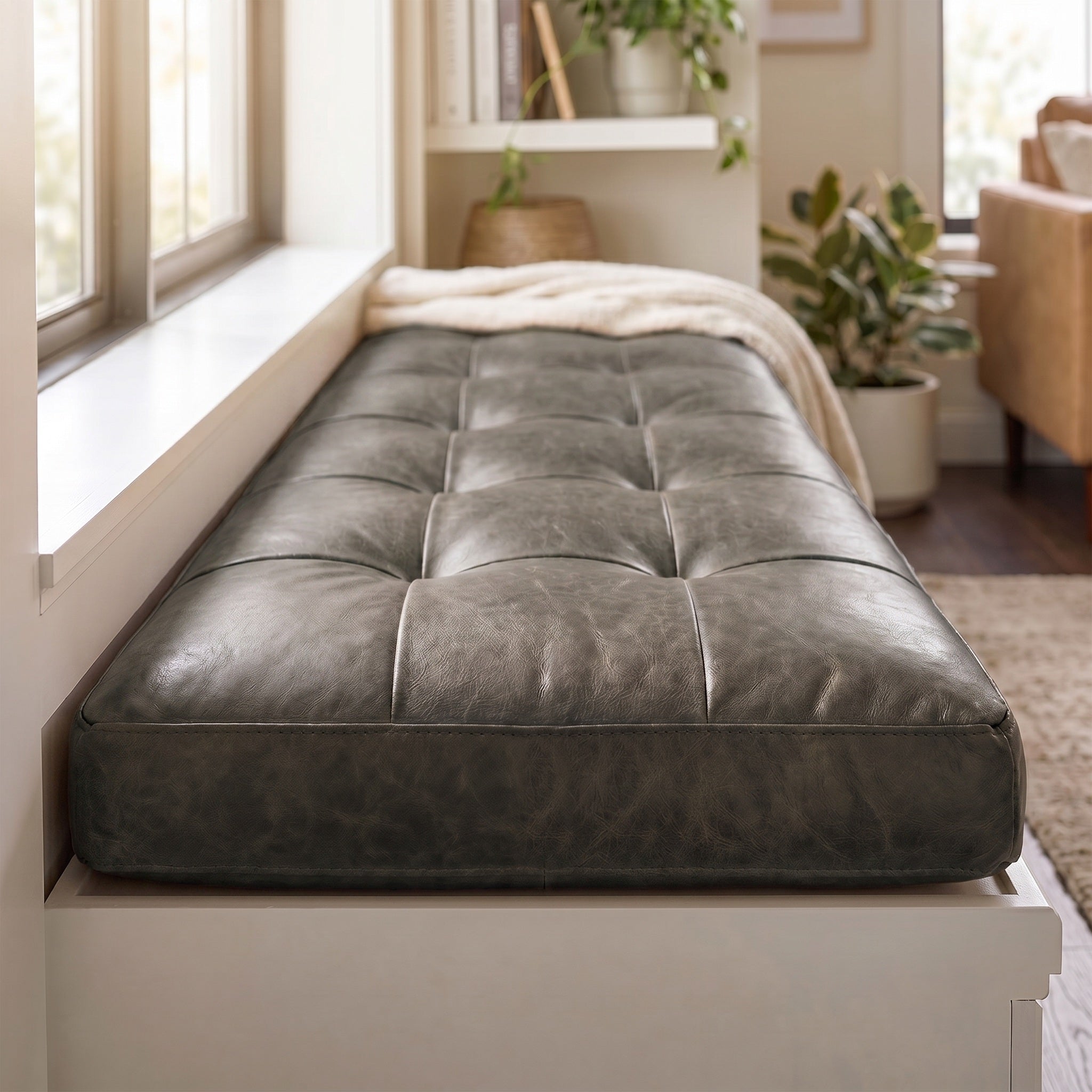 Custom Antracite Tufted Leather Bench Seat Cushion