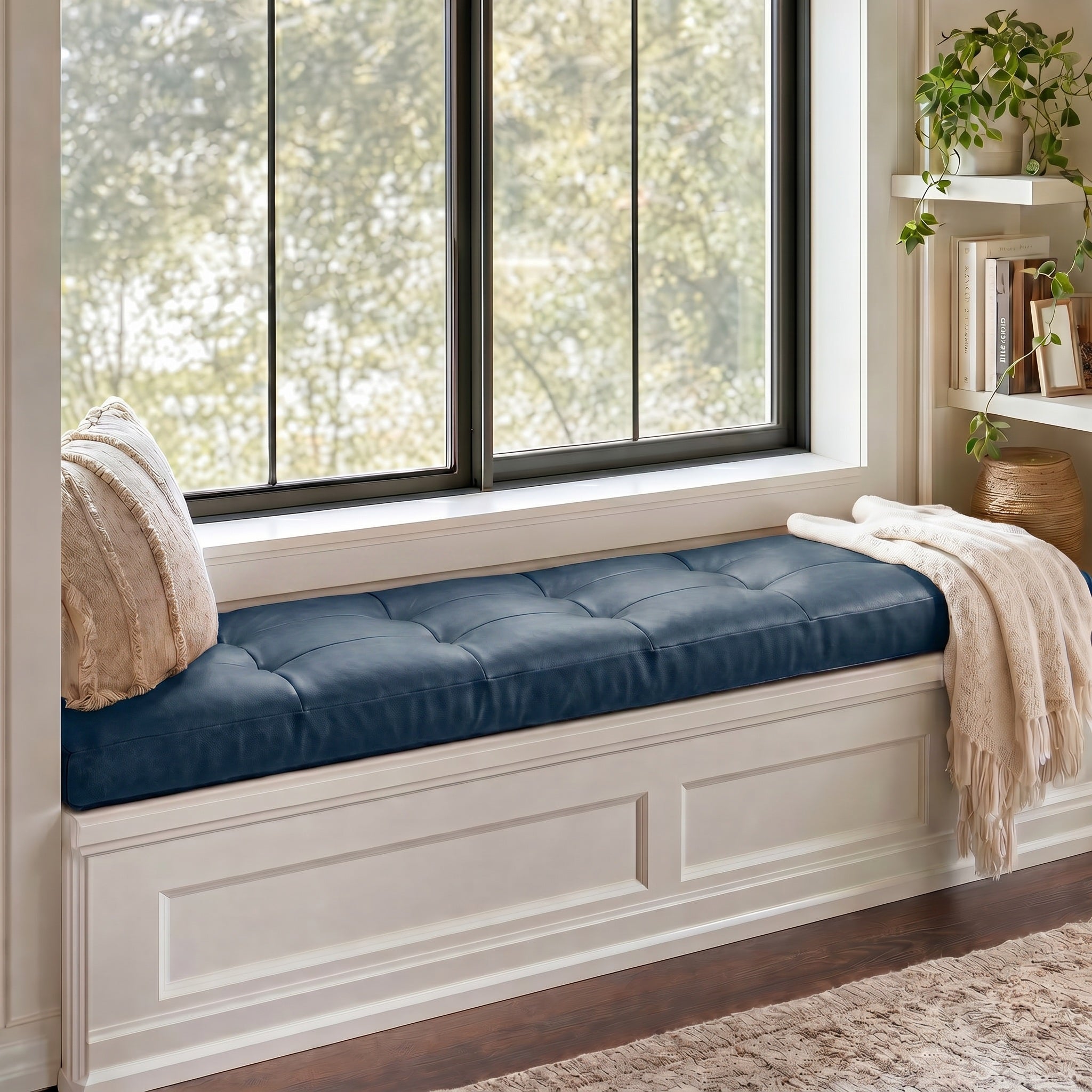 Custom Blue Tufted Leather Bench Seat Cushion