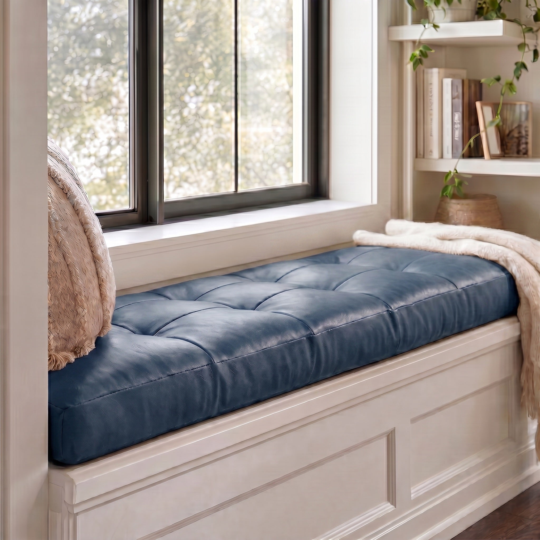 Custom Blue Tufted Leather Bench Seat Cushion