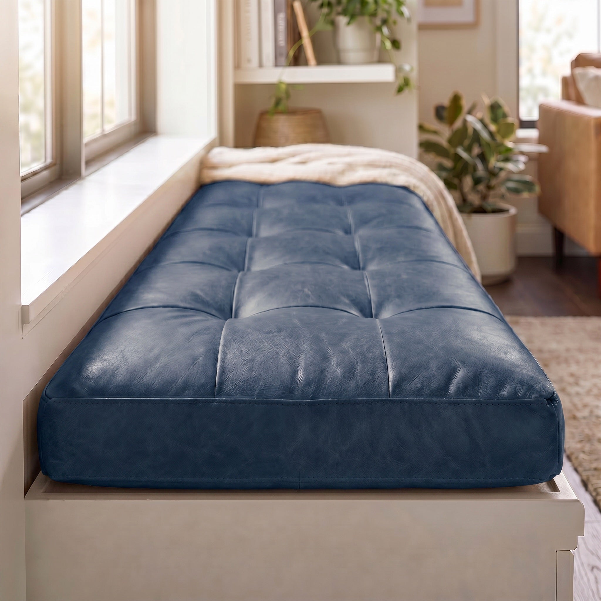 Custom Blue Tufted Leather Bench Seat Cushion