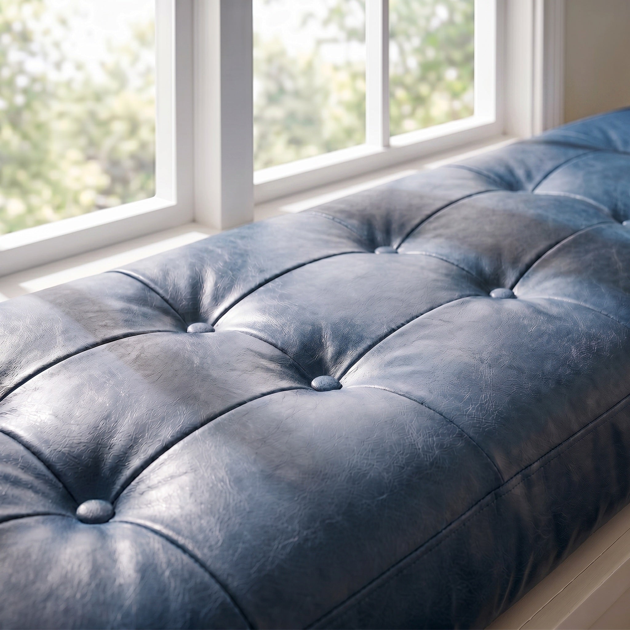 Custom Blue Tufted Leather Bench Seat Cushion