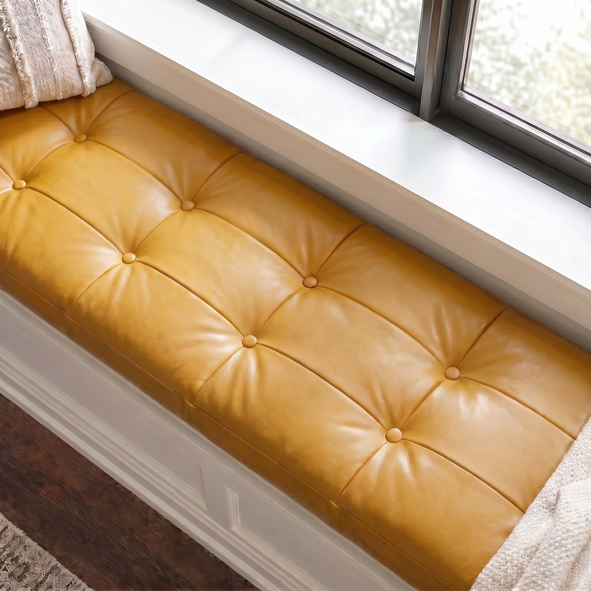 Custom Yellow Tufted Leather Bench Seat Cushion