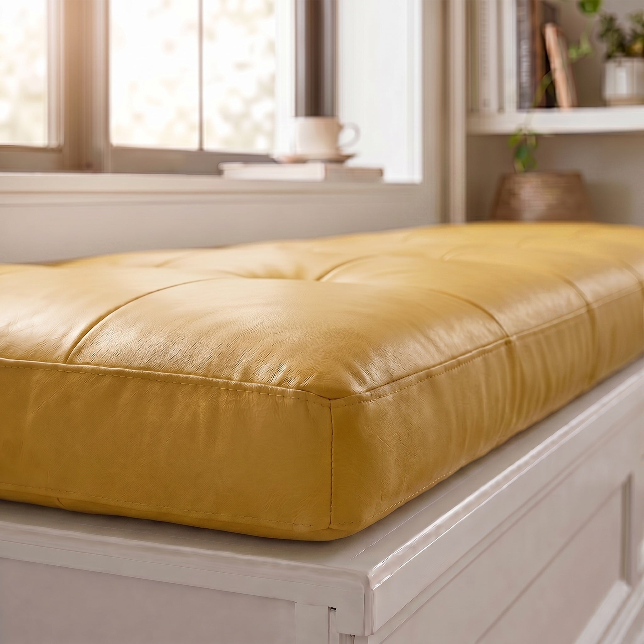 Custom Yellow Tufted Leather Bench Seat Cushion