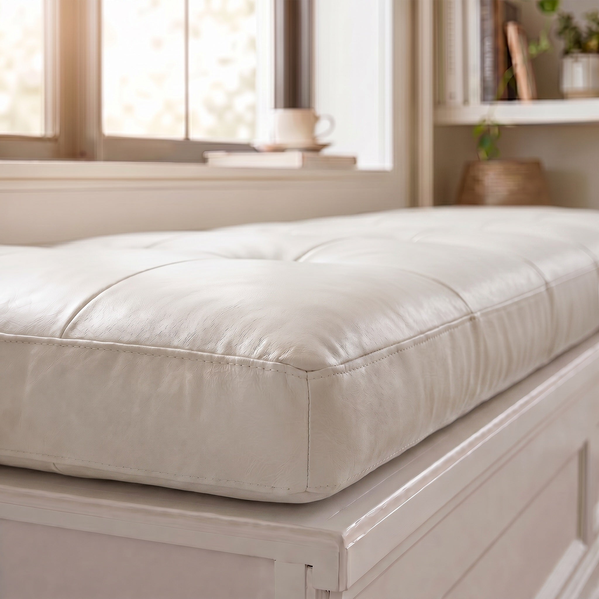 Custom White Tufted Leather Bench Seat Cushion