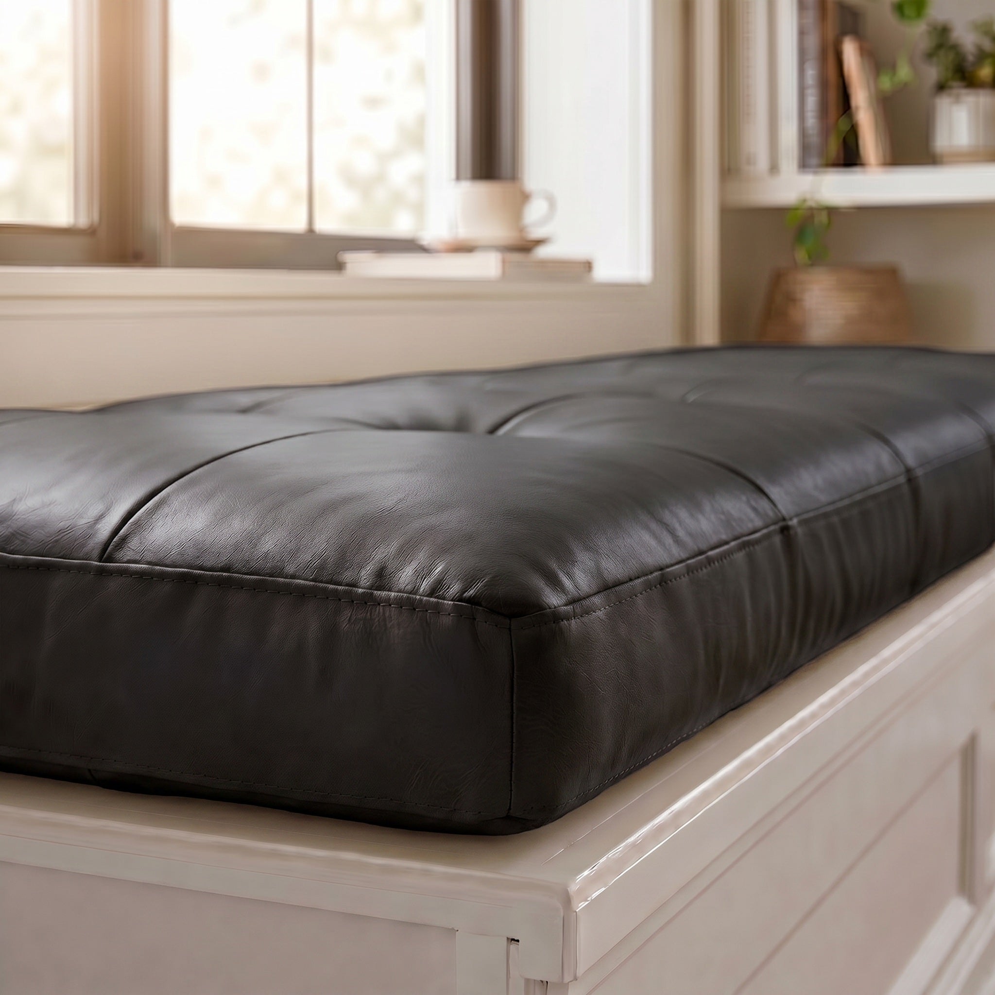 Custom Black Tufted Leather Bench Seat Cushion