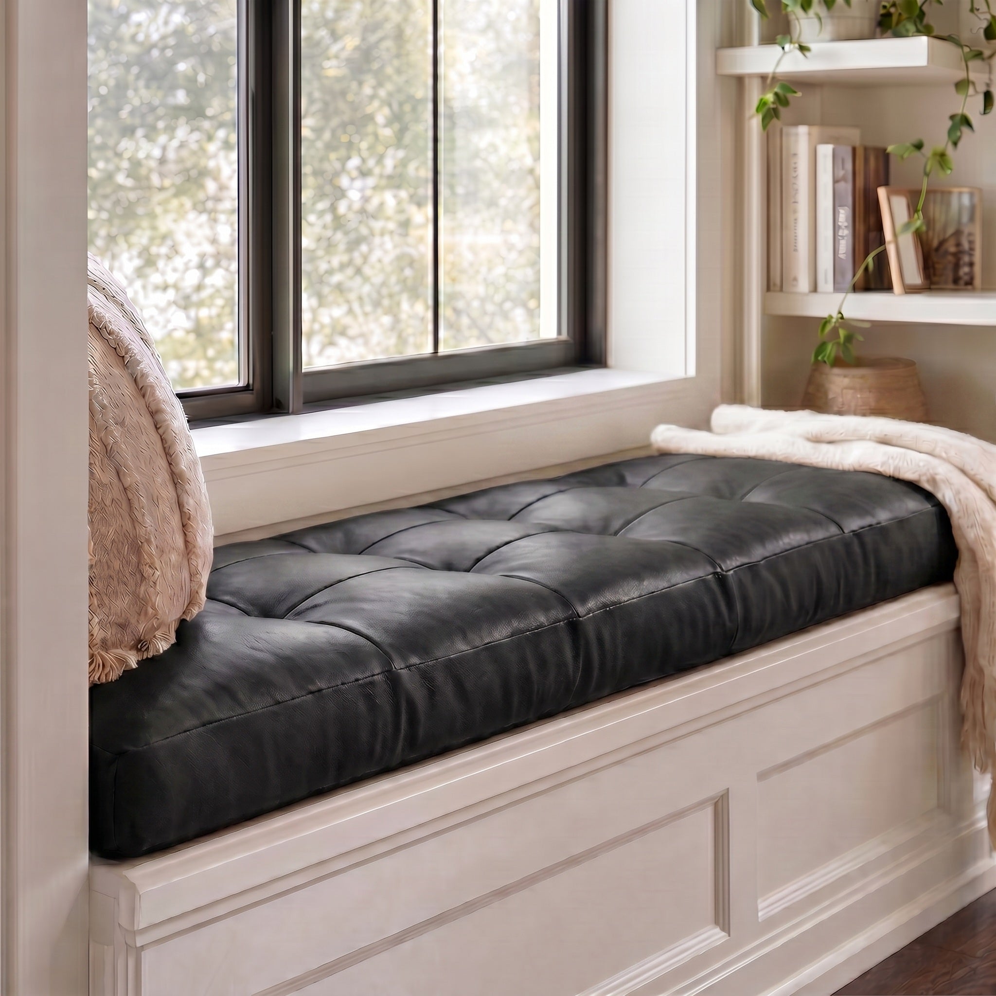 Custom Black Tufted Leather Bench Seat Cushion