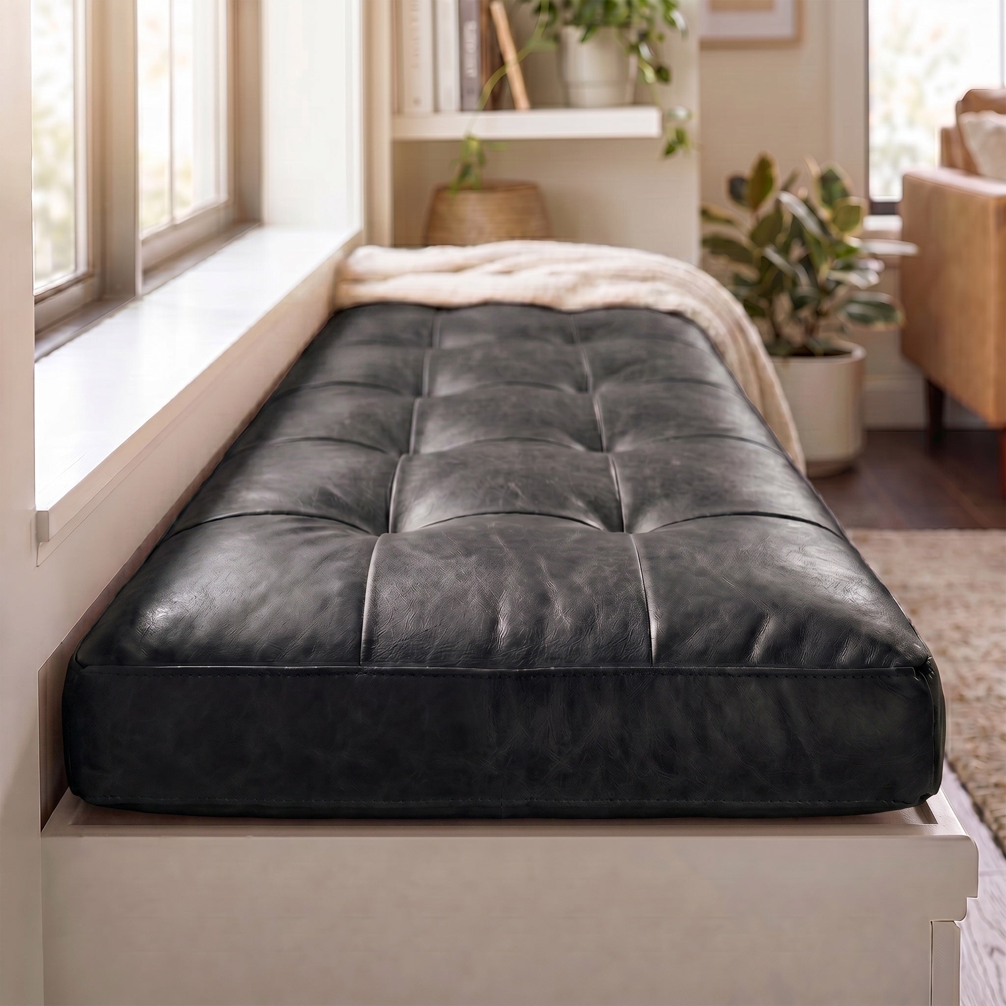 Custom Black Tufted Leather Bench Seat Cushion