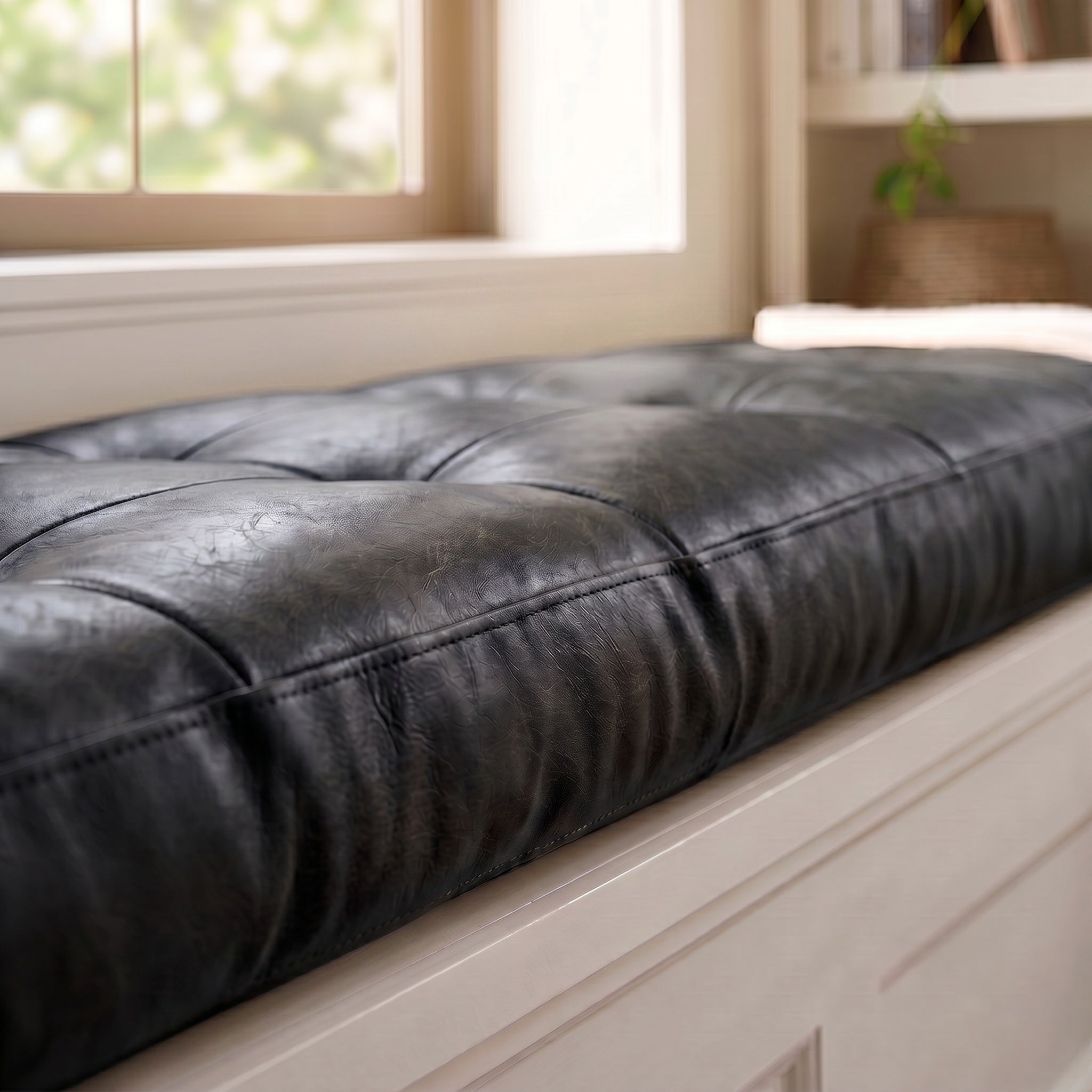 Custom Black Tufted Leather Bench Seat Cushion