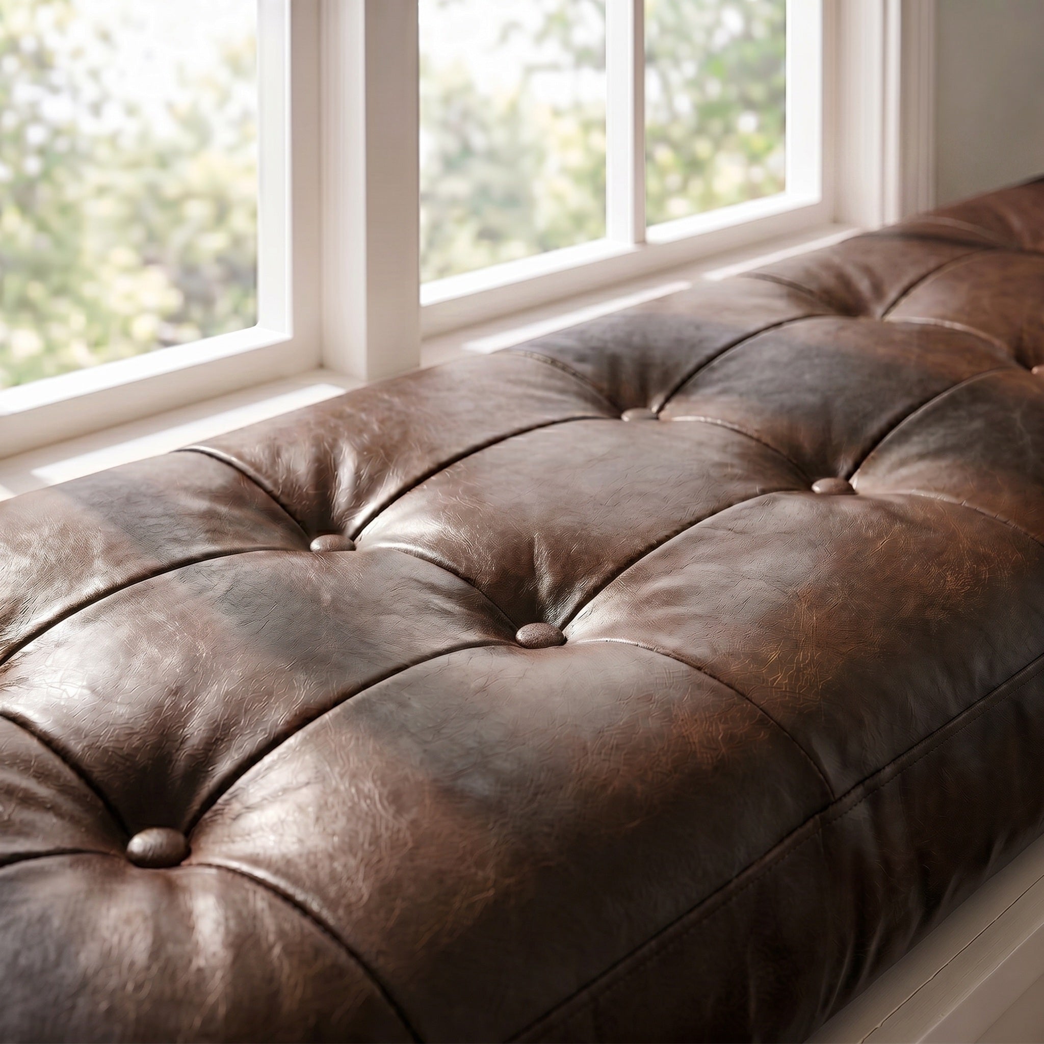 Custom Dark Brown Tufted Leather Bench Seat Cushion