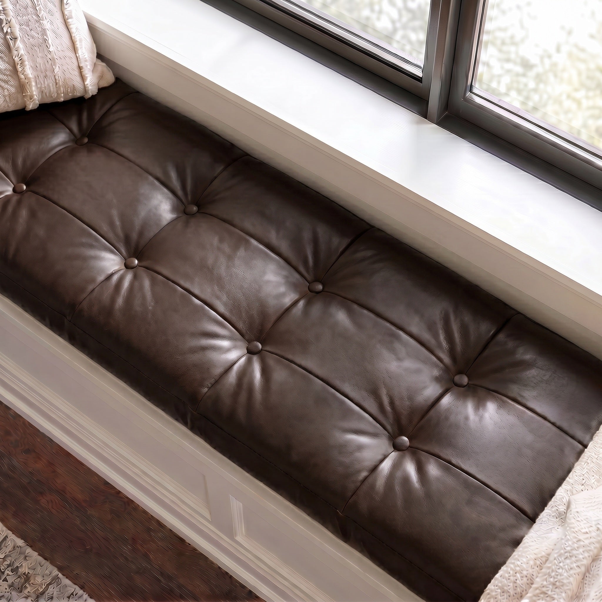Custom Dark Brown Tufted Leather Bench Seat Cushion
