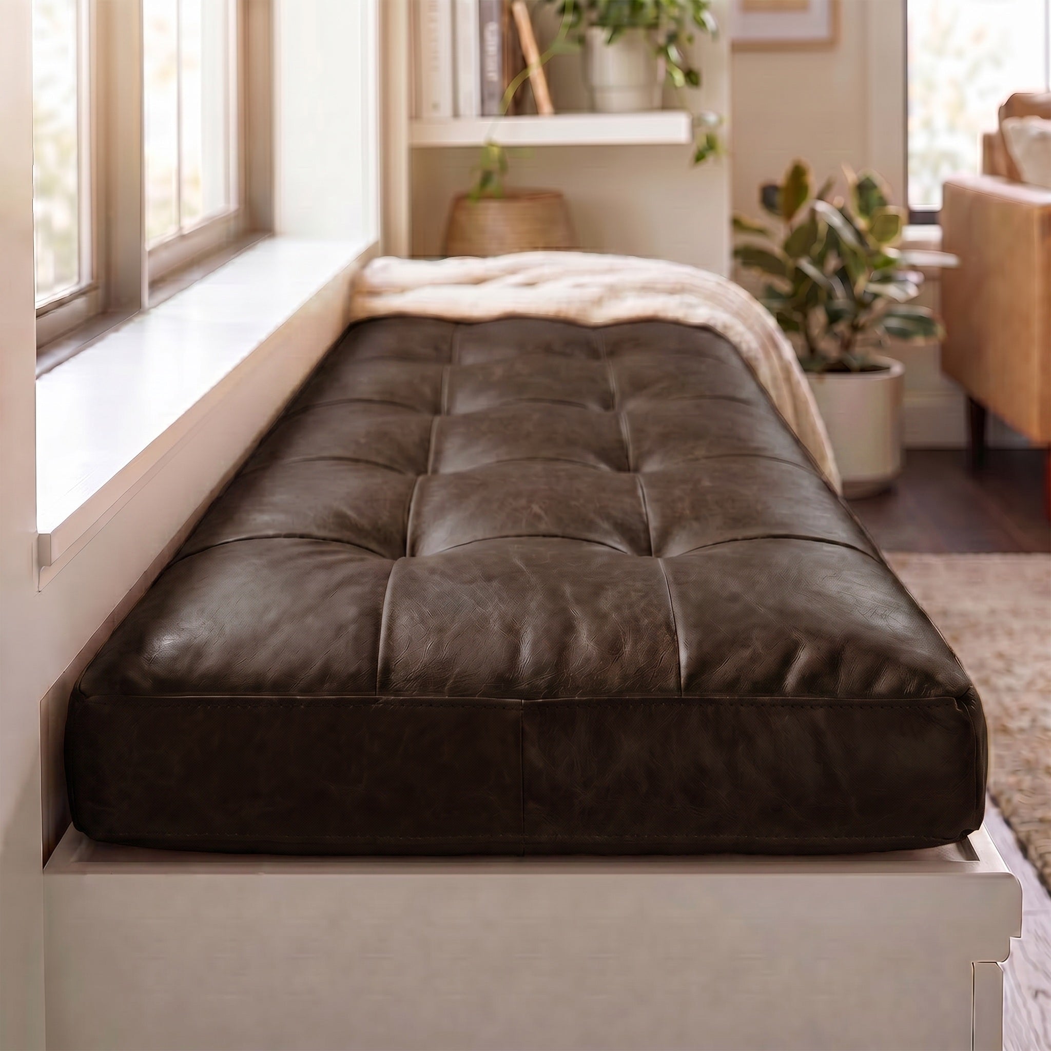 Custom Dark Brown Tufted Leather Bench Seat Cushion