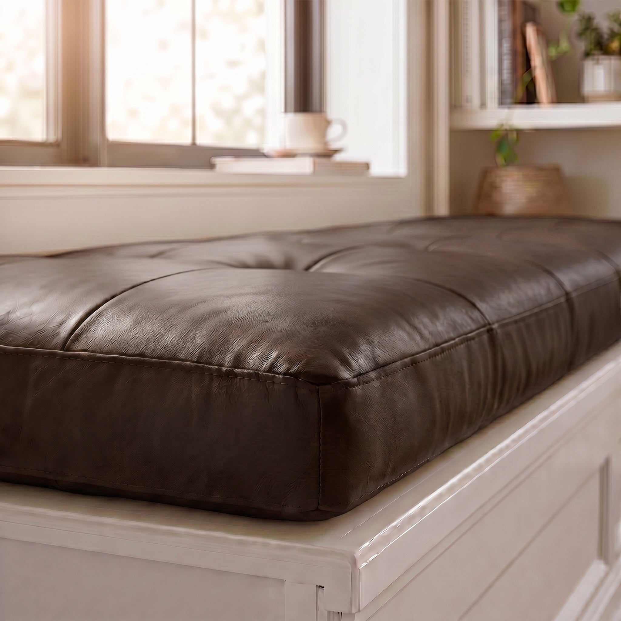 Custom Dark Brown Tufted Leather Bench Seat Cushion
